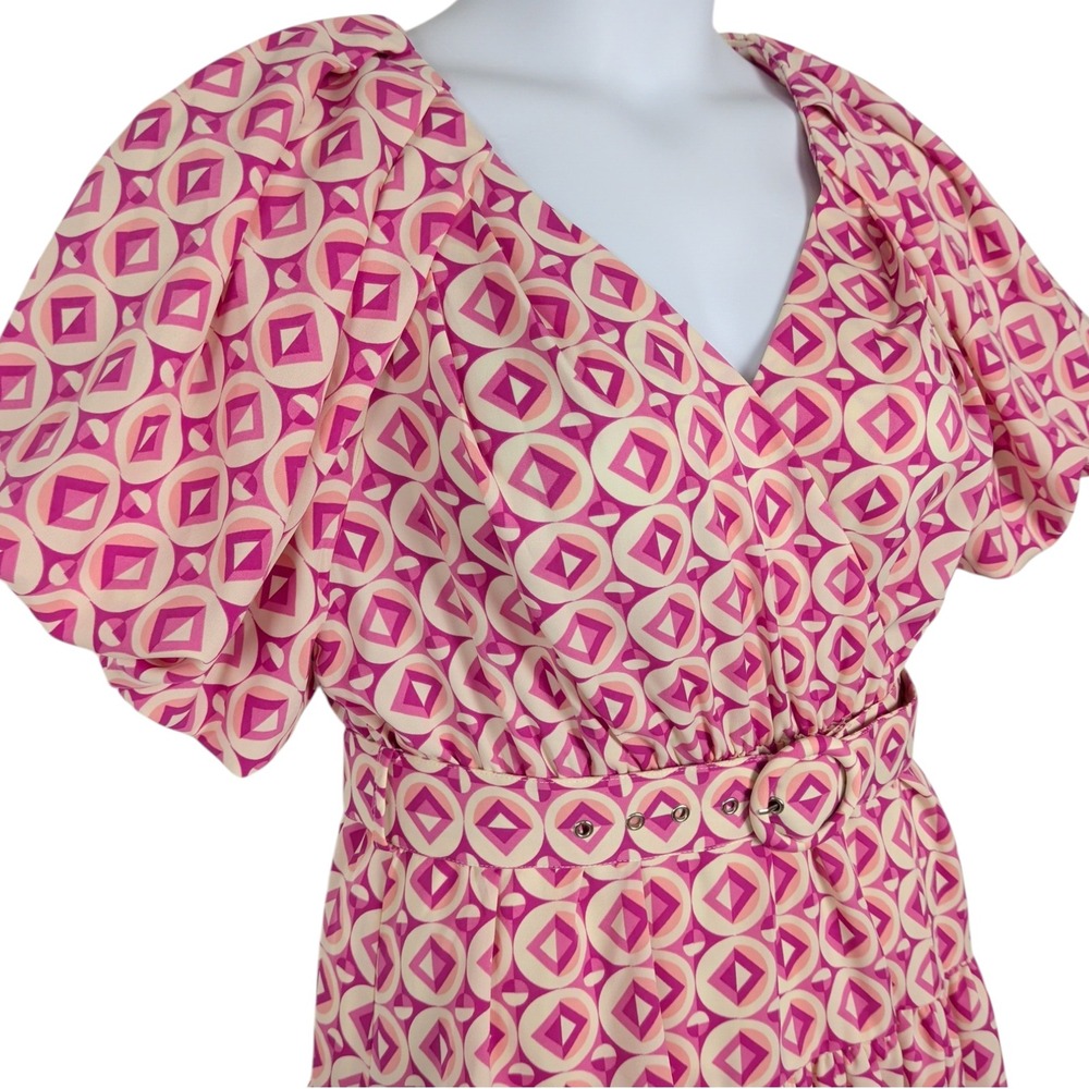 Pink Geometric Puff Sleeve Dress Size Medium NWT
